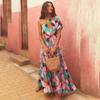 Women Spring Summer Strapless One-Shoulder Print Ankel-Length Dress V-neck High Waist