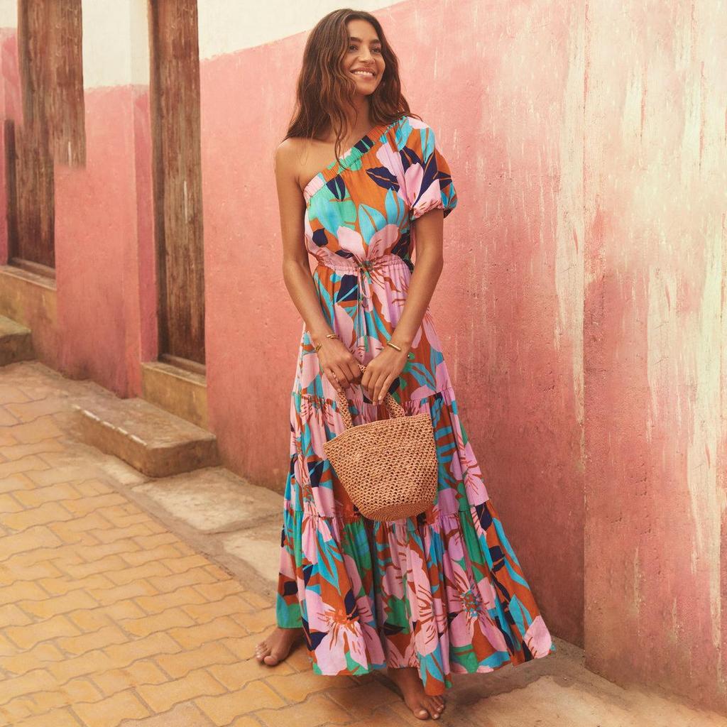 Women Spring Summer Strapless One-Shoulder Print Ankel-Length Dress V-neck High Waist