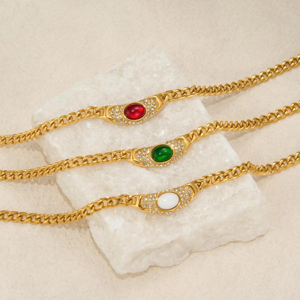 High-end Charm Stainless Steel Cat's Eye Stone Necklace Vintage Style Ancient Geometric Link Chain Choker