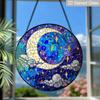 2D Flat Stained Glass Moon and Stars Night Sky Window Decoration Colored Glass Plate, 7.87inches Deep Blue Starry Sky Design Hanging Sun Catcher