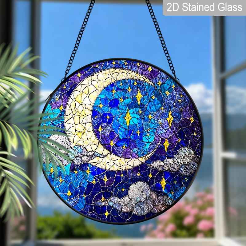 2D Flat Stained Glass Moon and Stars Night Sky Window Decoration Colored Glass Plate, 7.87inches Deep Blue Starry Sky Design Hanging Sun Catcher