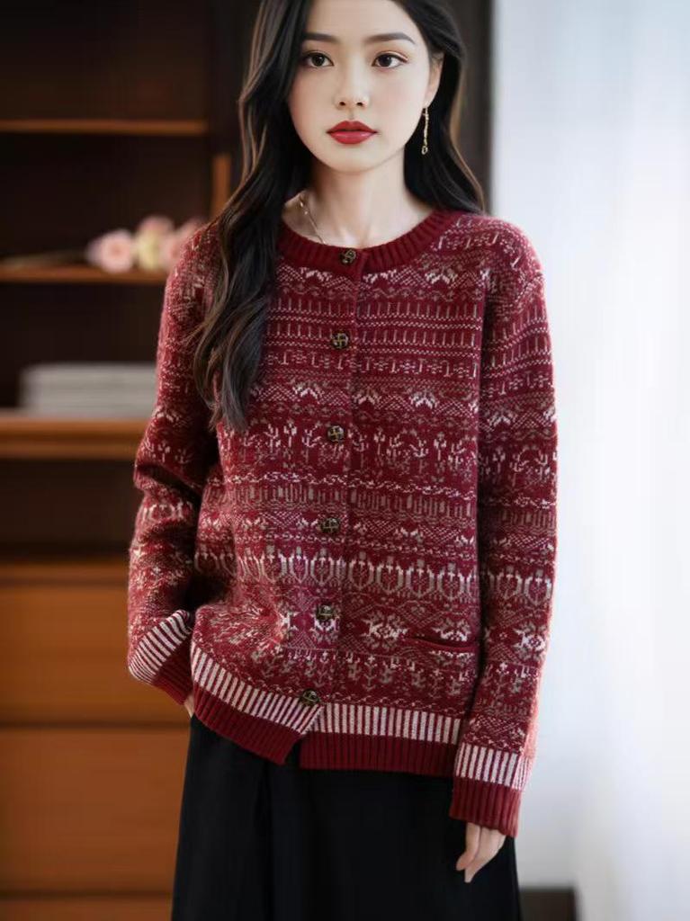 Women's Long-Sleeve Ethnic-Style Raccoon Fur Cardigan - Contrasting Colors, Round Neck, Wood Button Design, Jacquard Knitted Sweater.