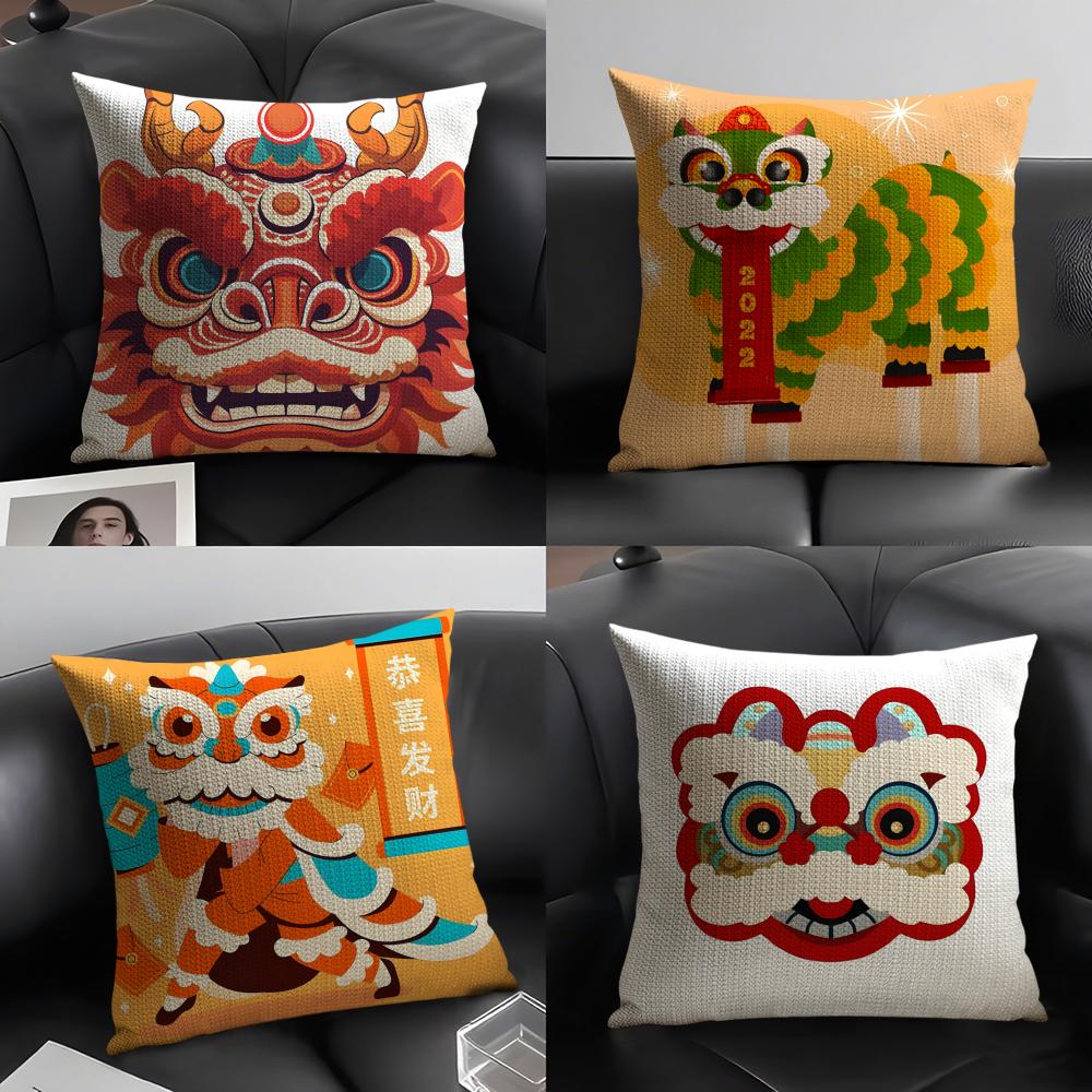 Oriental Festive Lion Print Pillow Case Home Living Room Decoration Linen Pillowcover Pillow Cases Cushion Cover