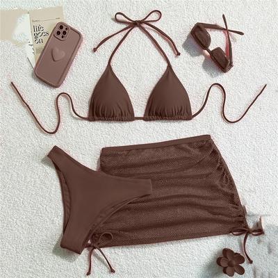 Solid Brown Swimwears String Halter Triangle 3 Piece Bikini Set Sexy Swimsuit Women 2026 Mesh Skirts Bathing Suit Bikinis Dames