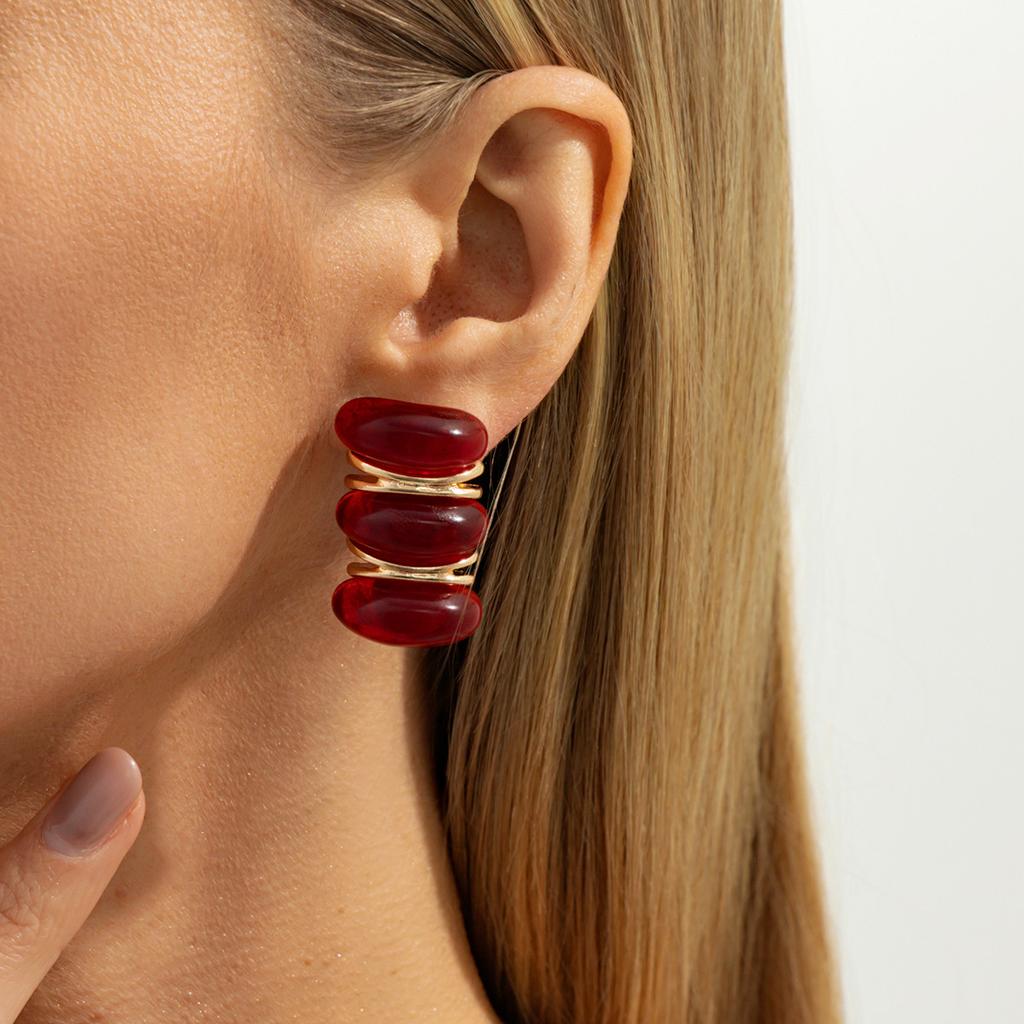 SHIXIN Creative Red Resin Acrylic Stud Earrings for Women Vintage Elliptical Geometric Piercing Earrings New Year Party Jewelry