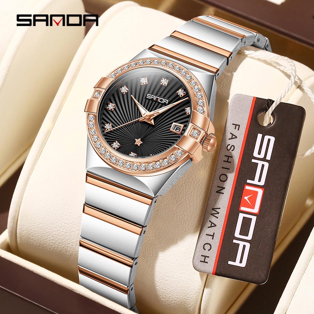 Sanda Women's Luminous Sunray Dial Quartz Watch with Vintage Calendar & Diamond Accents, Waterproof.