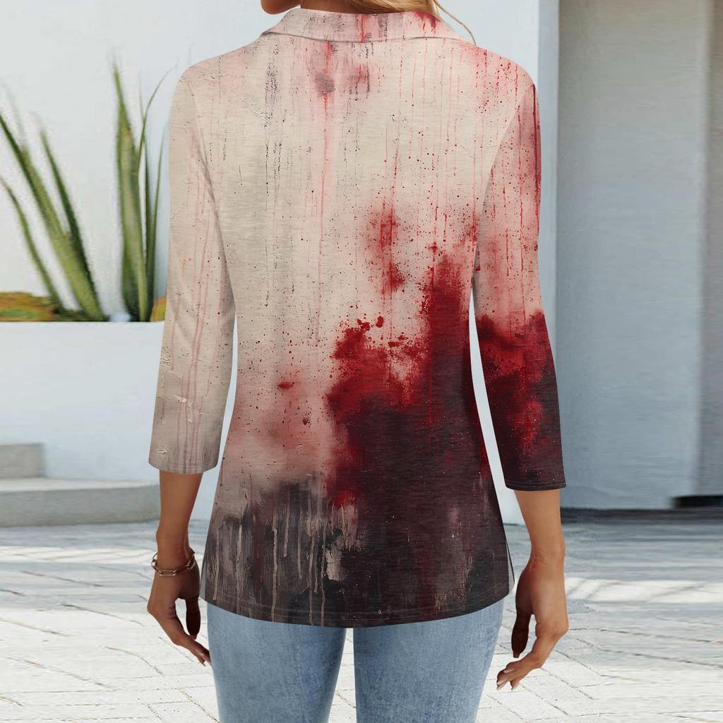 Women's Fashion Casual Lapel Short 3/4 Sleeve Halloween Print Shirt Women's Button Up Tops