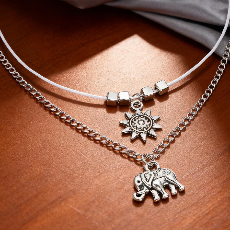 High-quality hypoallergenic bohemian style vintage silver-tone elephant and sun multi-layer anklet for summer beach wear pcs Trendy fashion