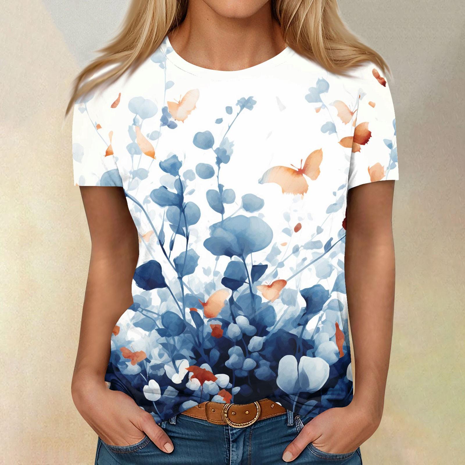 

Short Sleeve Shirts For Women Cute Tops Flower Print Tees Blouses Casual Plus Size Basic Tops Pullover L белый