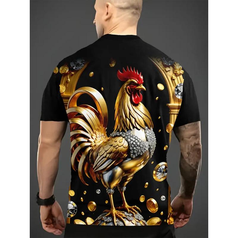 Men's 3D Rooster Printed T-shirt Humorous Digital Printed Short Sleeved T-shirt Breathable Polyester Round Neck Casual
