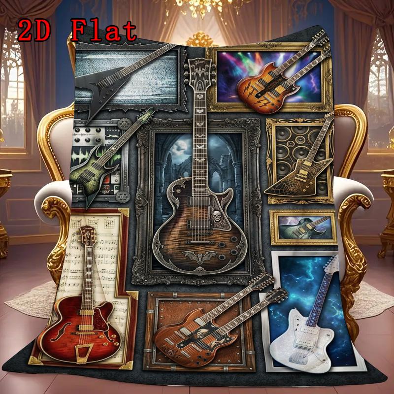 Guitar Art Collage 2D Flat Pattern Flannel Blanket, High Quality All Seasons, Home Decor, Warmth and Comfort, Perfect for Christmas Gifts.