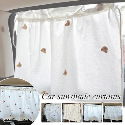 Korean Style Spring Summer Cartoon/Floral Embroidery Cotton Car Sunshade Cover PomPom Trim Kids Travel Privacy Protector