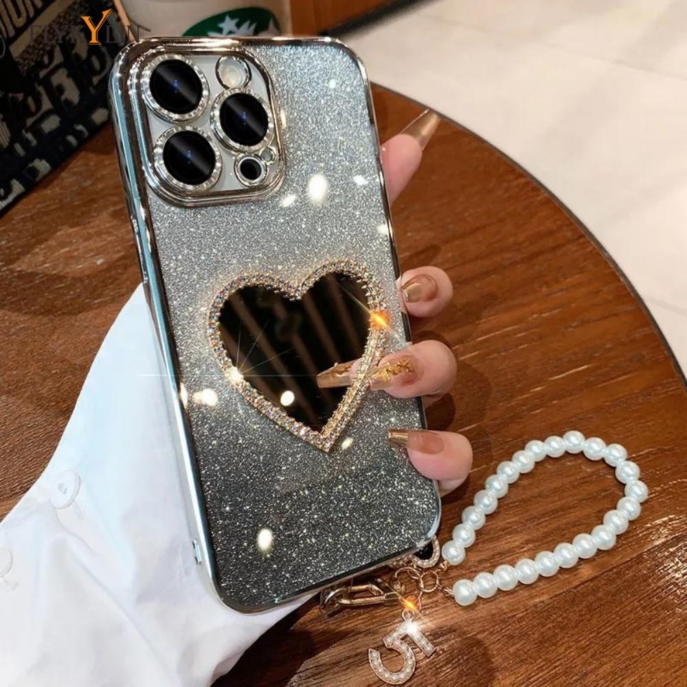 Πολυτελής Θήκη Τηλεφώνου με Καθρέφτη Αγάπης με Διαμάντια Για Xiaomi Redmi Note 14 13 Pro Plus 5G 4G 14S 14 13 Pro Κρεμαστό Σχοινί με Μαργαριταρένια Καρδιά