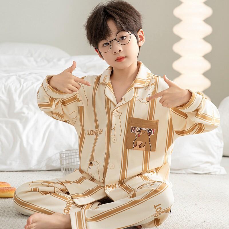 Boys Cotton Pajama Set Long Sleeve Thin Sleepwear Cartoon Print Hoodie Style Home Wear Kids 8