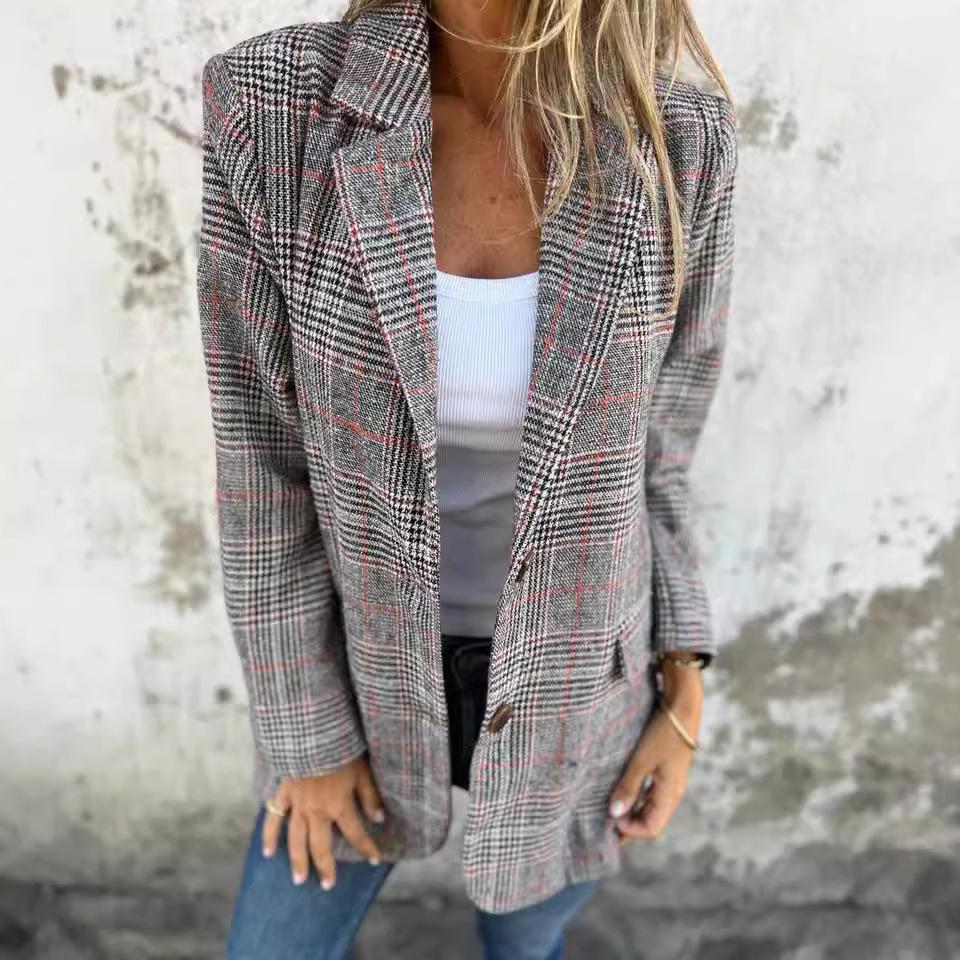 2024 Women's Retro Houndstooth Lapel Cardigan Jacket - Casual European & American Autumn/Winter Fashion