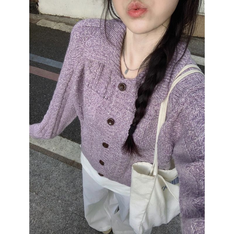 Kumikumi Sweet Style Purple Niche Age-Reducing Temperament Long Sleeve Knit Women Clothes Autumn Loose All-Match Top