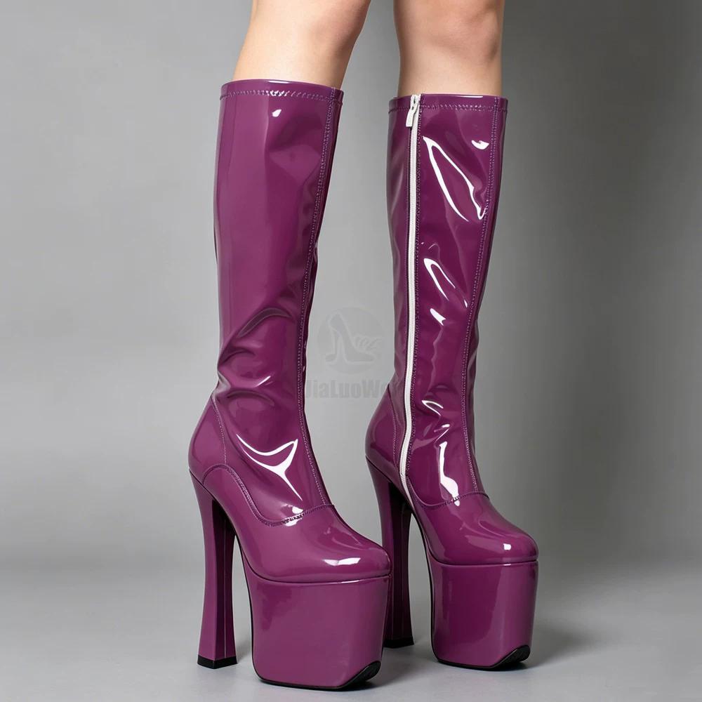 20cm Extreme High Heel Boots Thick Chunky Heels Platform Women Zipper Knee-High Long Boots -Exotic,Fetish,Sexy,Shoes