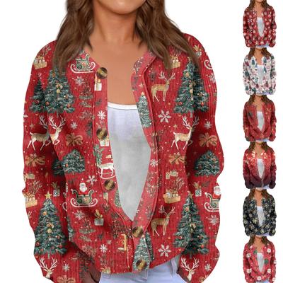 Fashion Women's Christmas Print Long Sleeve Knitted Cardigan Button Jacket