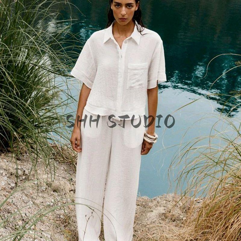 Minimalist Short Sleeve Lapel Short Shirt 8017741 High Waist Distressed Style Wide Leg Casual Trousers 8330741