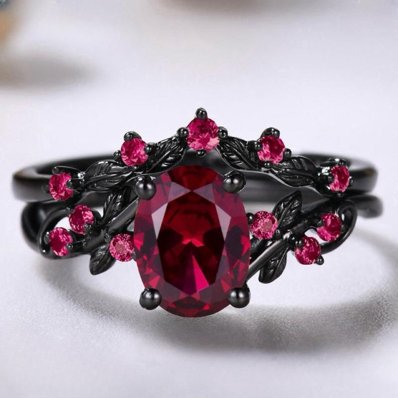 Europa, America, Coppia di Anelli da Donna Fashion Nero Opaco, Incastonati con Pietra Preziosa Rubino Scuro