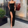 2026 European & American Fashion Slim Waist-Cinching Solid Color Slit Spaghetti Strap Dress for Women