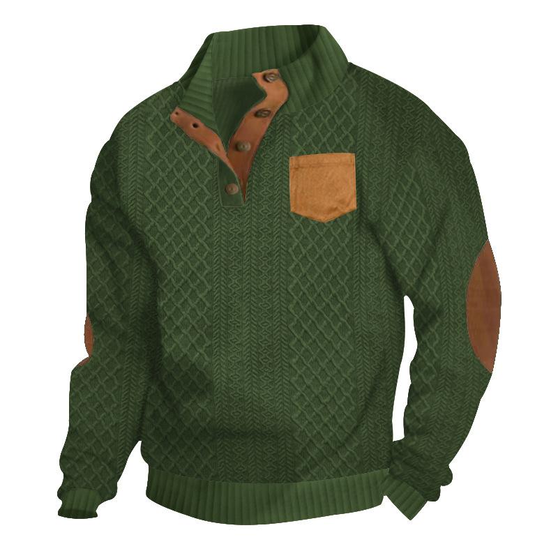 Spring/Autumn Men's Jacquard Knit Textured Pocket Henley Collar Buttoned Patch Long-Sleeved Sweatshirt