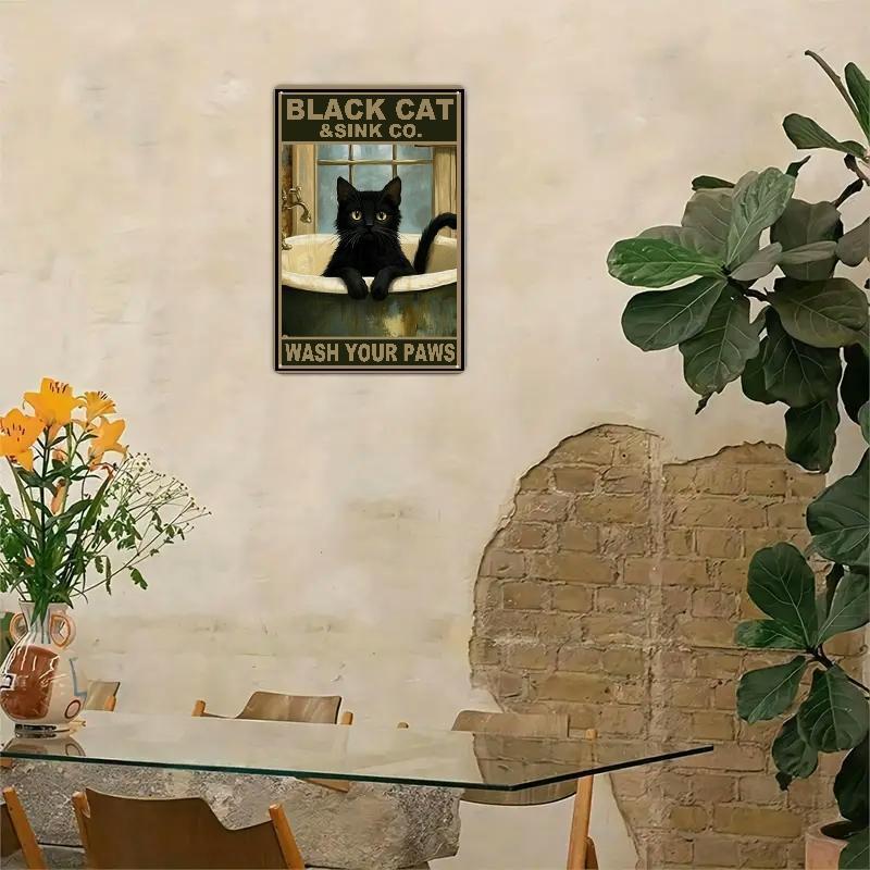 Vintage Black Cat "Wash Your Paws" Metal Tin Sign - Humorous Bathroom Wall Art, Rustic Farmhouse Decor for Home, Bathroom Decor