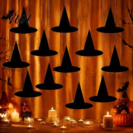 Decorative Hanging Paper Ornaments 12Pcs Halloween Witch Hat Ornaments, Banner Decorations, Props for Spooky Party Ceiling Drop Decor Home Window