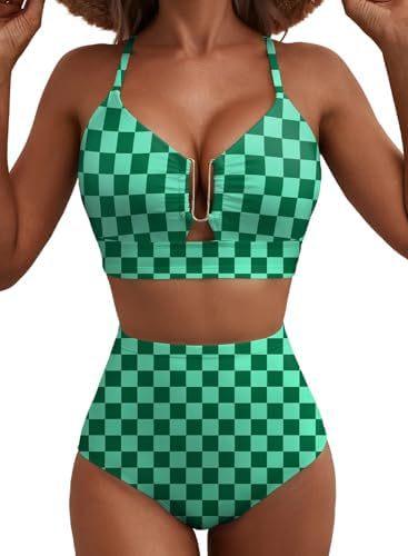 Women's High Waist U-Line Bikini Set Floral Print Swimsuit Cross Back Swimming