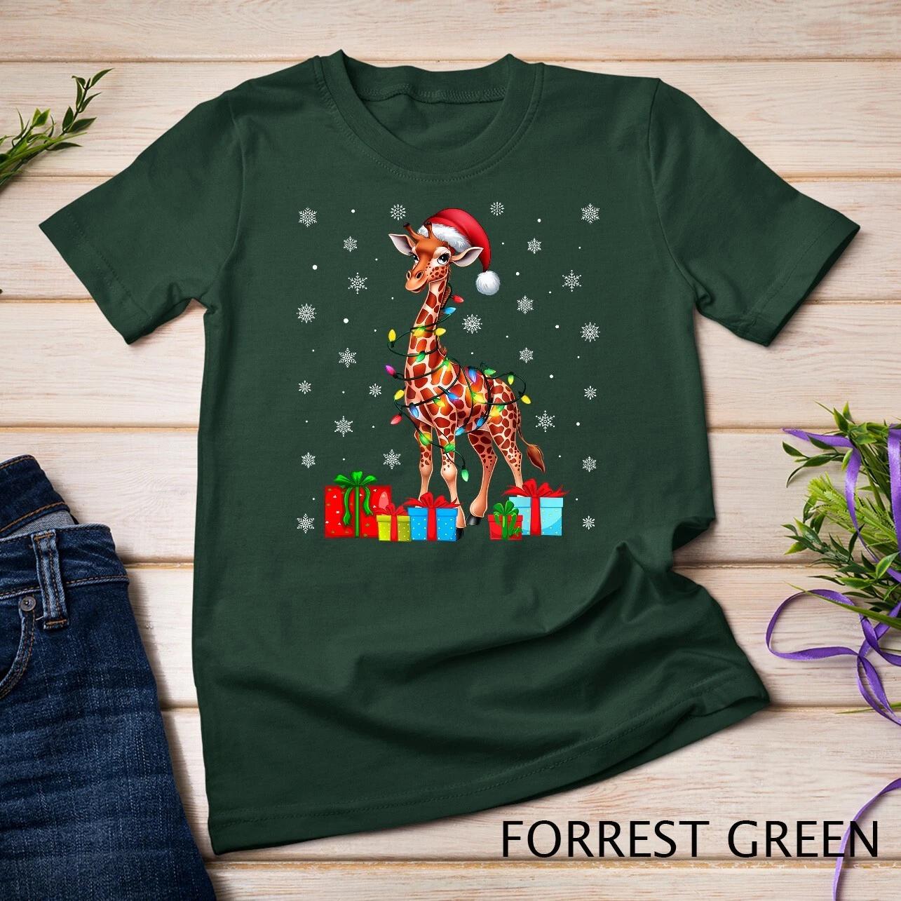 Giraffe Ugly Xmas Lights Santa Hat Giraffe Christmas T-Shirt Unisex T-shirt L