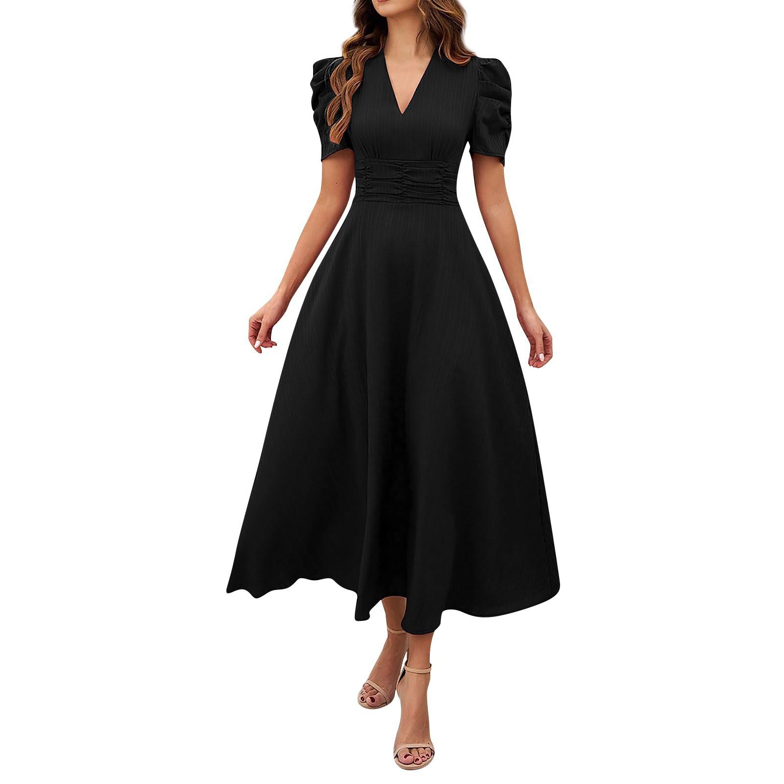 Women V Neck Bubble Sleeve Midi Dress with Waist Tie Solid Color Options S