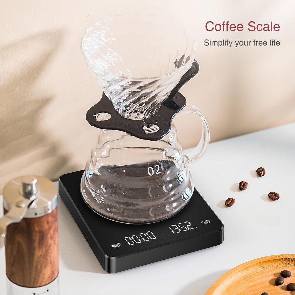 Digital Coffee Scale, Kitchen Scale, Weighing Scale, 0.1g Increments, 3kg Capacity, Timer Function, Automatic Power Off, IPX4 Waterproof, Heat