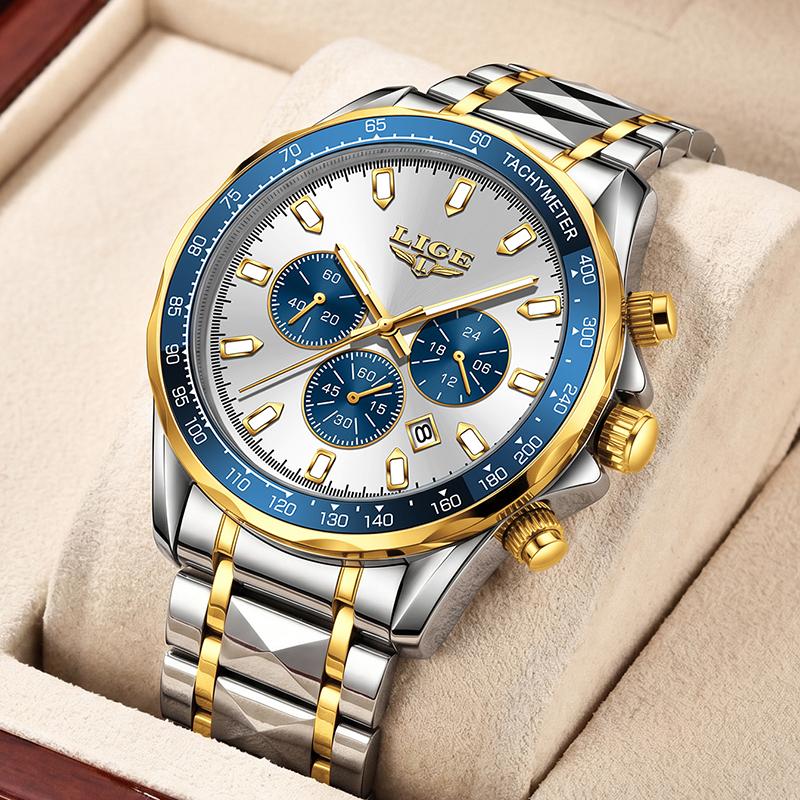 LIGE New Luxury Gold Men Watch Outdoor Sports Wateproof Chronograph Quartz Wristwatch Business Sport Male Clock Montre Homme+BOX