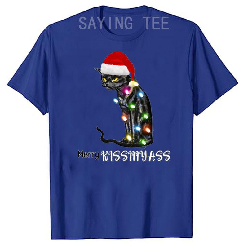 Merry Kissmyass Funny Cat Christmas Lights T-Shirt Xmas Costume Gifts Kitty Lover Graphic Outfits Cute Kitten Saying Tee Y2k Top