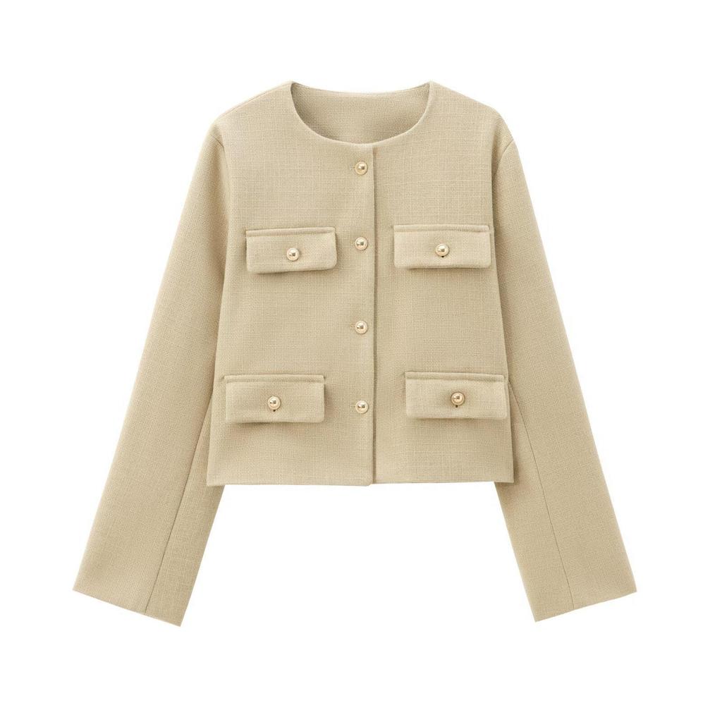 European and American Style Round Neck Short Fashion Coat with Button Accents - Autumn Collection