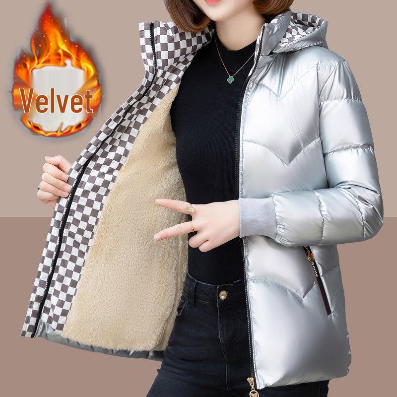 

2024 Женская хлопковая куртка на флисовой подкладке: Вьетнамский новогодний стиль, с капюшоном и блестящий 5XL серебряный