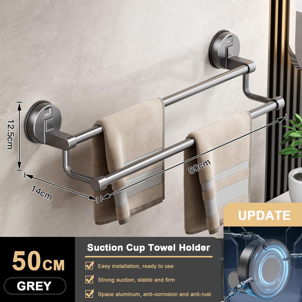 Suction Cup Bathroom Hand Towel Rack Holder Wall Mount No Drill 30/40/50cm Towel Bar Double Bar 2 Tier Apartment Space Saving