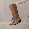 Fashion New Cowhide Cross Tie Straps Belt Buckle Knee High Boots Women Sexy Hot Girl Pole Dance 5.5cm High-heeled Knight Boots Size 40