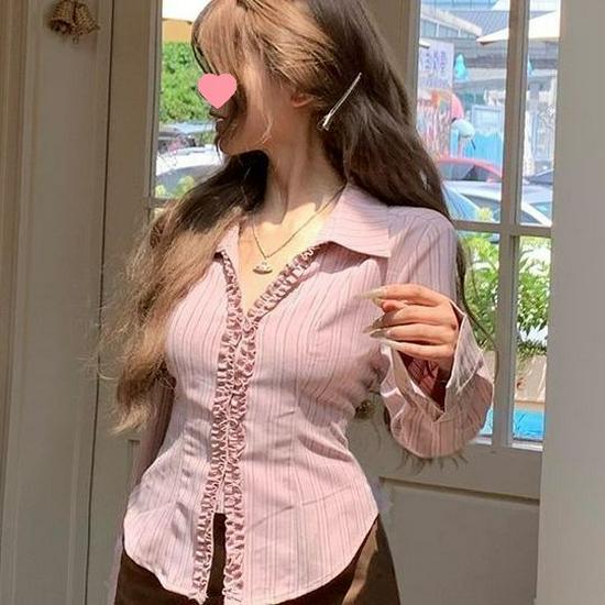 2025 Autumn French Slim-Fit Striped Shirt with Back Tie and Cinched Waist S (recommended 40-48 kg)