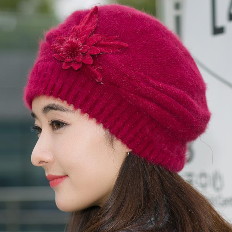 1Pcs Thickened Beret Warm Knitted Wool Hat Autumn Winter Mom Hat Diy Accessories Women'S Winter Flower Hat