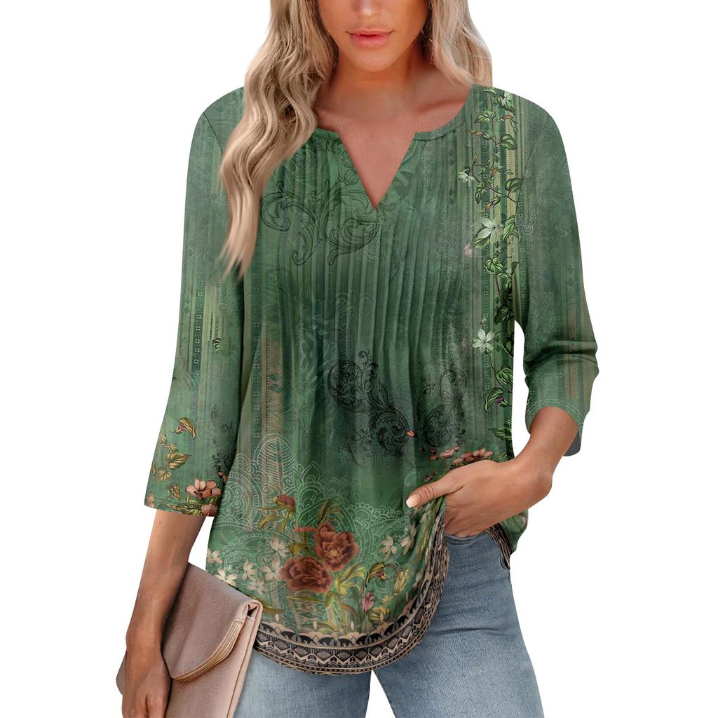 Damska modna, swobodna, plisowana koszulka z dekoltem w serek i jednolitym kolorem, z rękawem 7/4