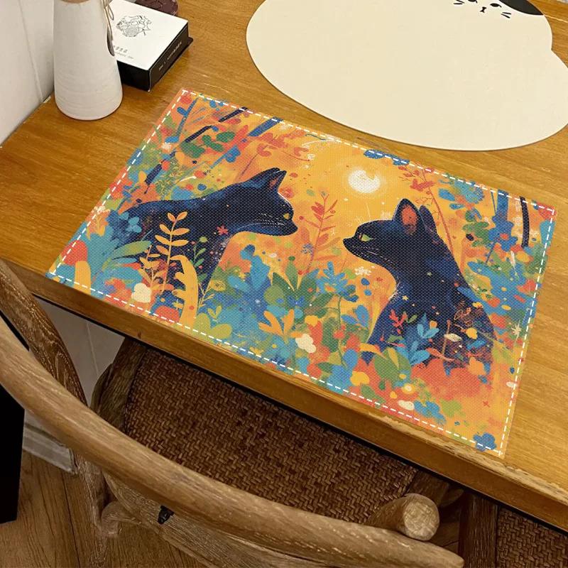 1PC Cartoon Black Cat Print Placemat Dining Table Decor Linen Tableware Coaster Set Kitchen Accessories For Kids Birthday Party