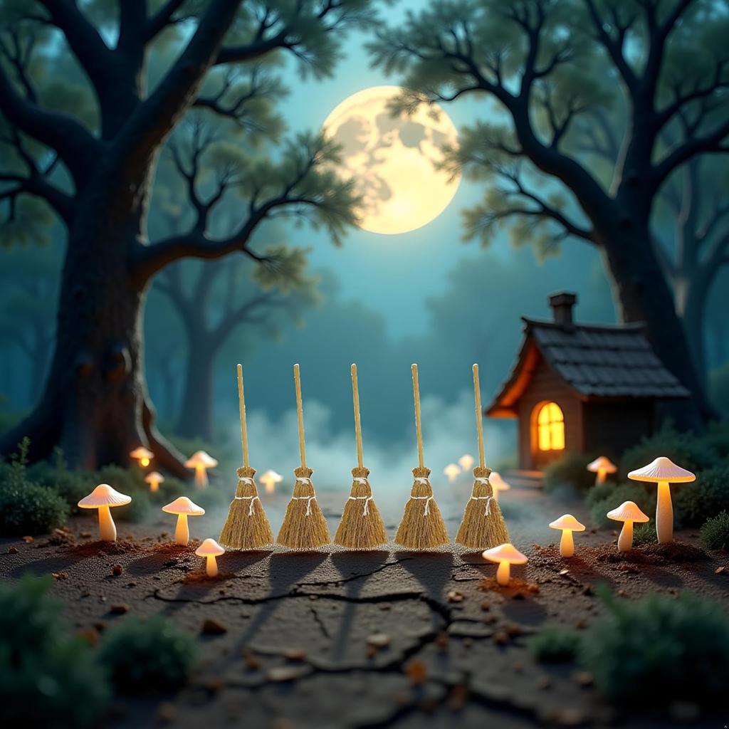 5 Pcs Witch Broomstick Set - Miniature Broom Props, Fairy Decoration, Cinnamon Broom, with White Ropes Halloween Straw Craft Decoration Witches
