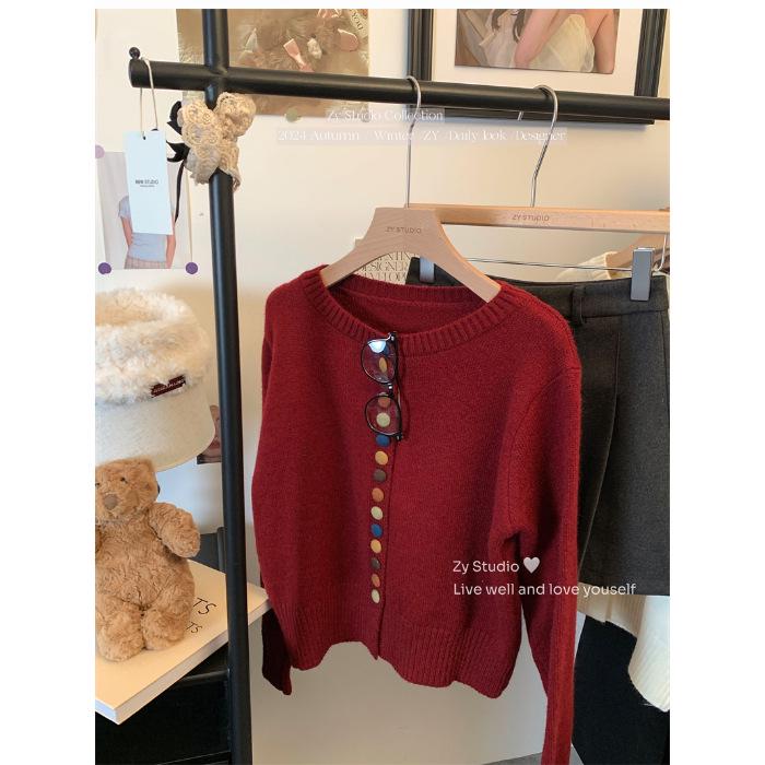 Women's Autumn 2024 Red Knitted Sweater Cardigan - Colorful Button, Crew Neck, Long Sleeve, Soft Angora Blend.