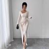 Rochie de modă pentru femei, culoare uni, răsucită, decolteu asimetric, texturată, strâmtă