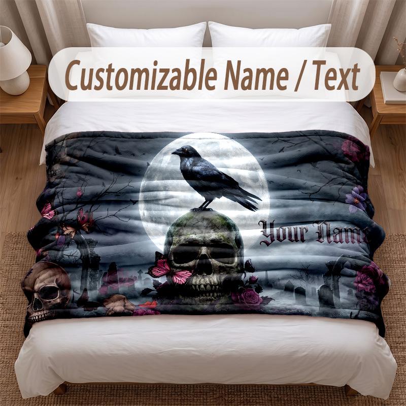 Skull Gothic Theme Soft Blanket Personalized Custom Name Text Print Warm Blanket Home Sofa Bedroom Decor