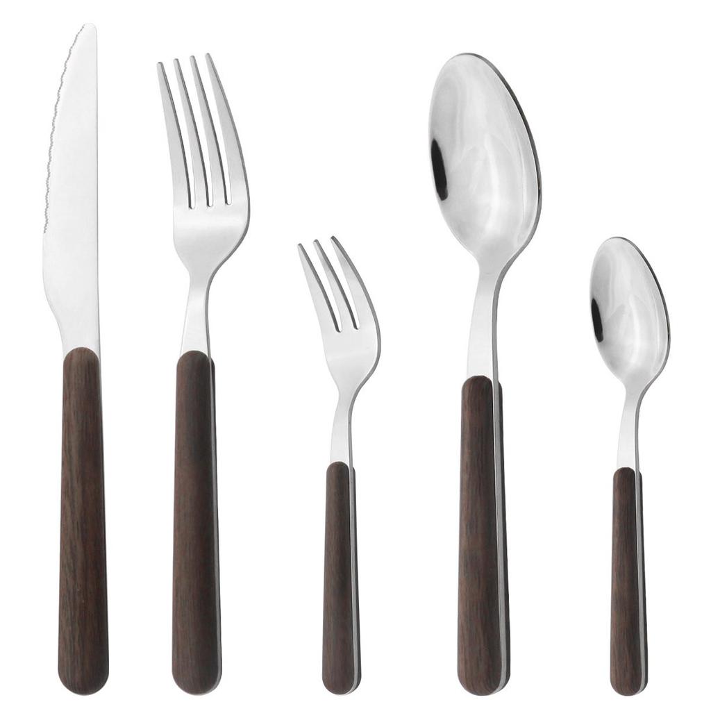5Pcs Wooden Handle Dinnerware Stainless Steel Mirror Cutlery Set Western Knife Fork Spoon Silverware Tableware Set