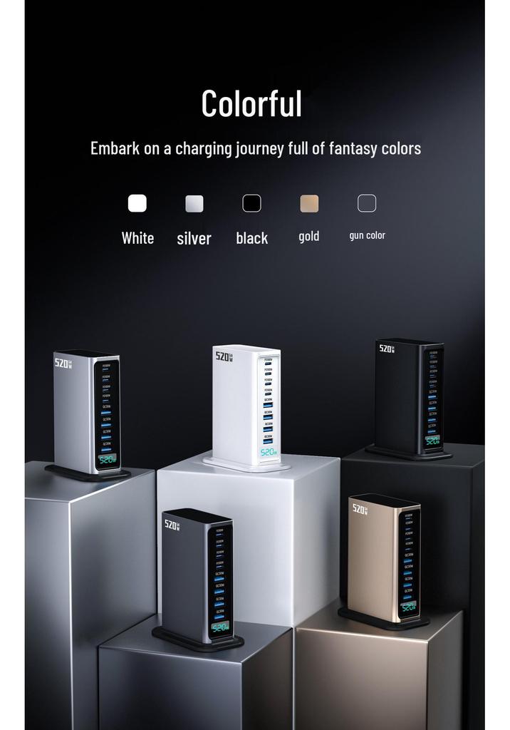 High-End 520W GaN-Ladegerät: Schnelle 8-Port-Desktop-Station mit KI-Digitalanzeige