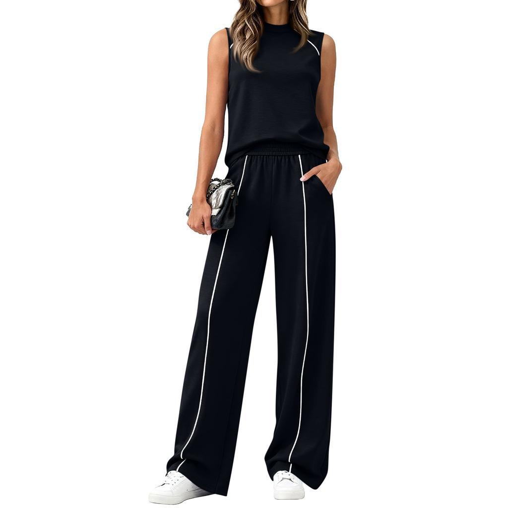 Women's Casual Fashion High-Neck Sleeveless Top And Wide-Leg Trousers Set