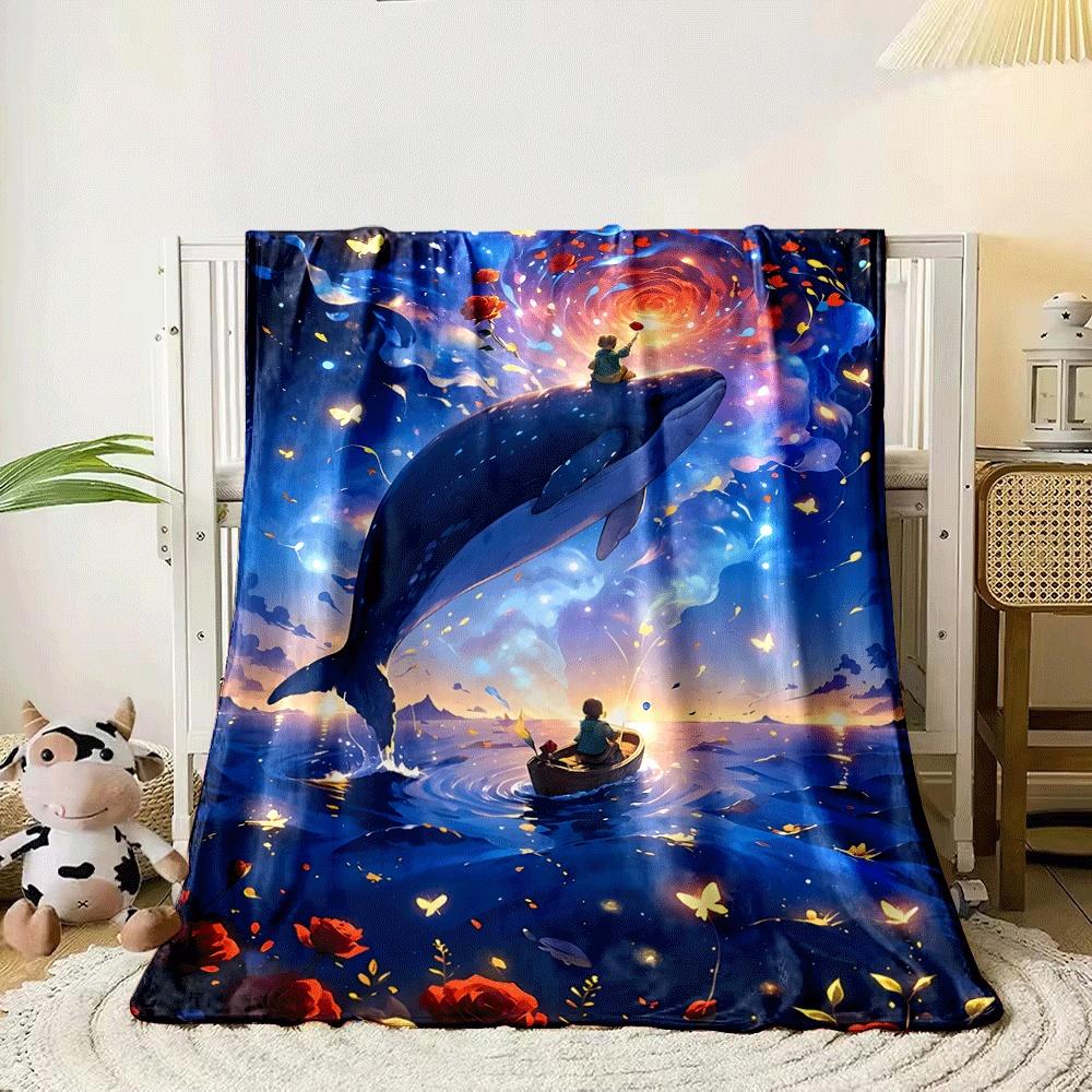 A magical scene with a whale, glowing vortex, butterflies, and roses. for all seasons blanket lunch break throw gift